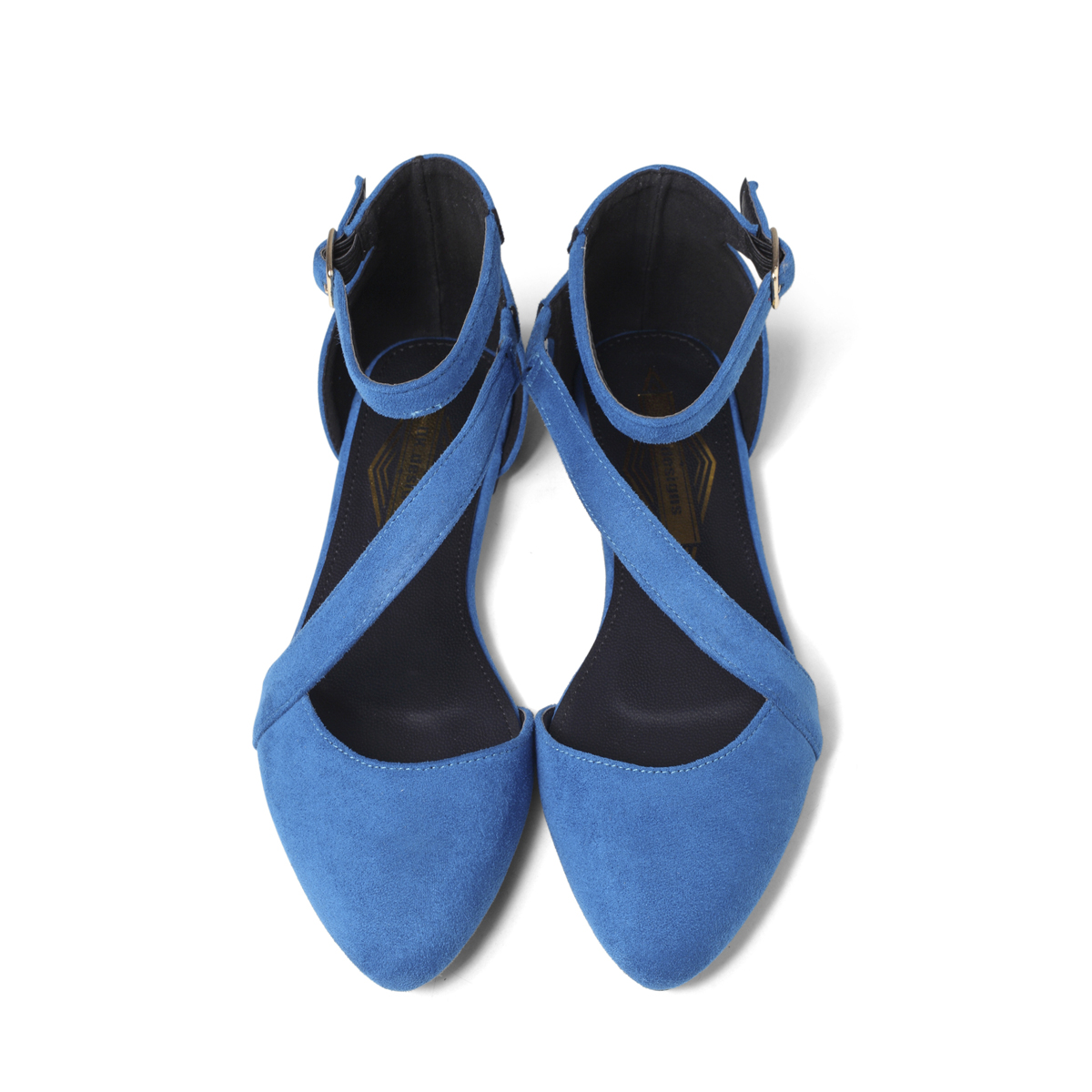 women's blue ballet flat over head view